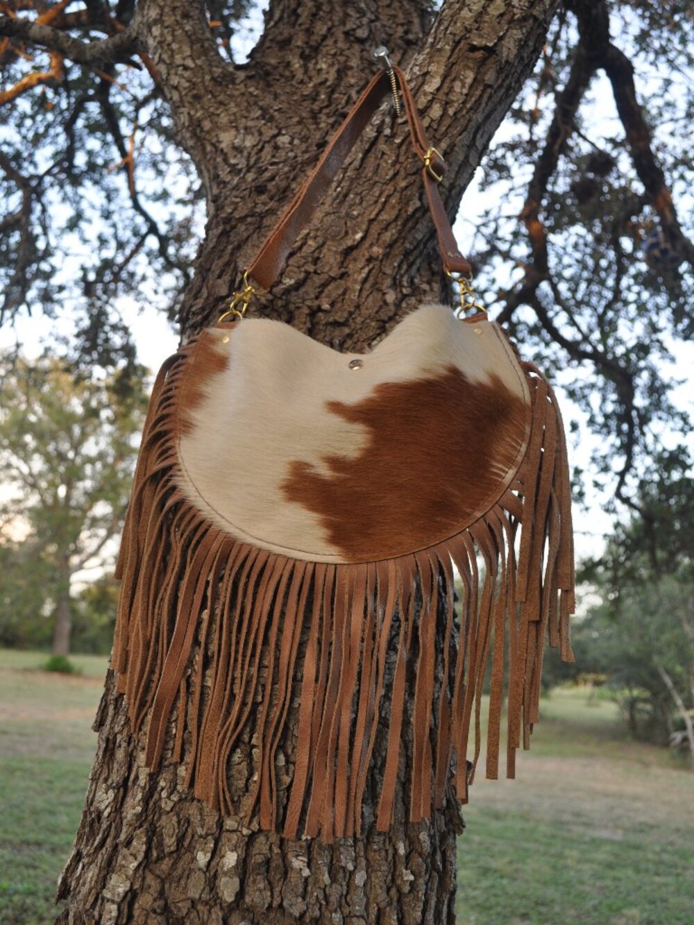 🤎 Handmade Cream & Brown Cowhide Fringe Purse | Gold Hardware | One-of-a-Kind W